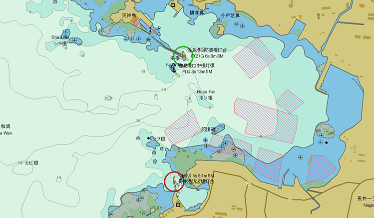 定置網などの漁具や航路標識も表示